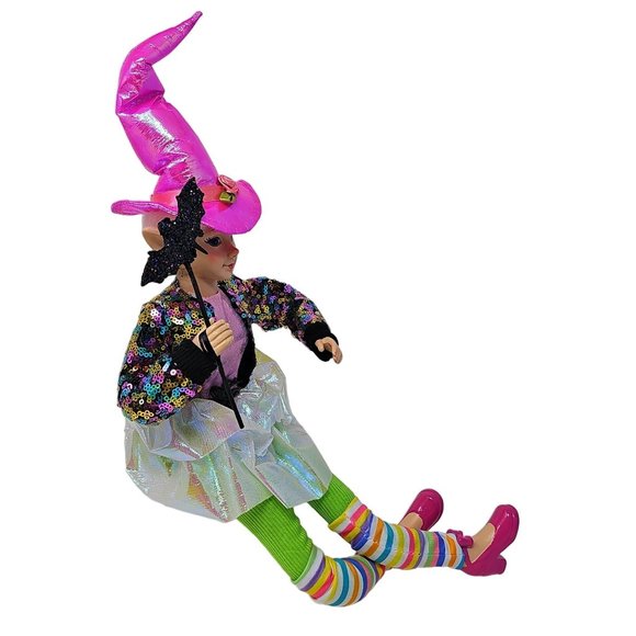 19" Fabric Pink Halloween Positionable Girl Elf  with Spider Witch Hat Wreath At - Picture 4 of 4